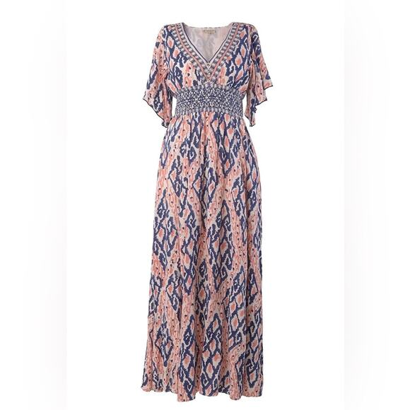 Ash&Eden pink and blue geometric print with flutter sleeves maxi dress small - Picture 1 of 7